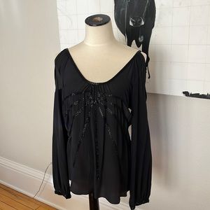 Black beaded silk blouse with peep cut out shoulders